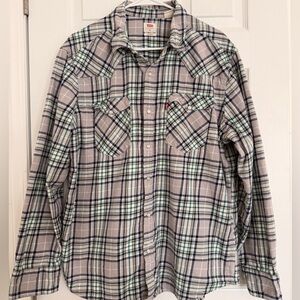 Levi's Men's Gray Green Navy Plaid Button-Up Shirt XL Long Sleeve Cotton